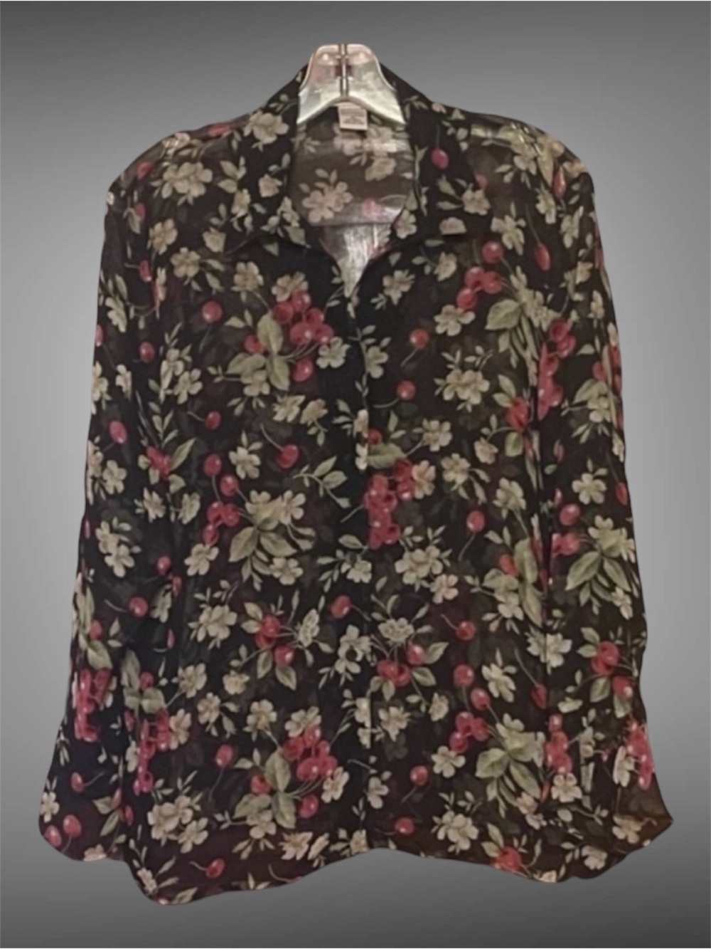 NOTATIONS SHEER CHERRIES FLARE SLEEVE BLOUSE SIZE XL